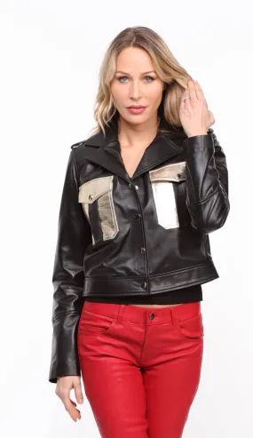 Blouson cuir femme noir/argent